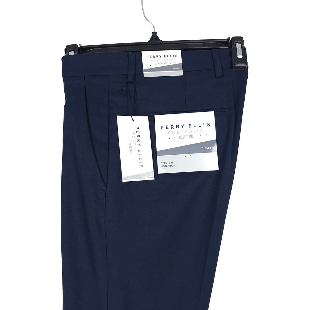 Perry Ellis Mens Slim Fit Dress Pants 34x30 Eclipse Blue Stretch Micro Twill NWT